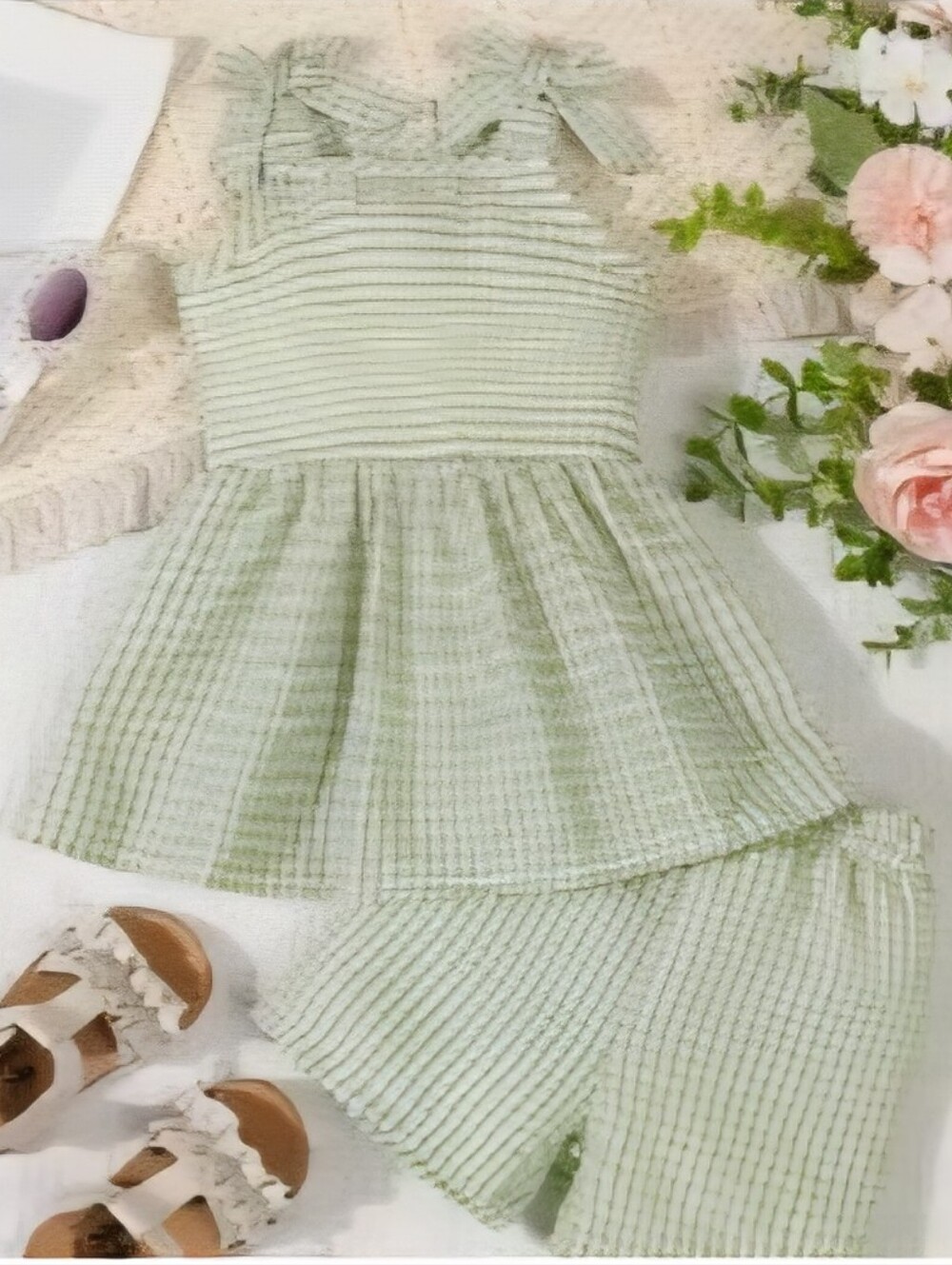Girls Light Green Plaid Ribbed Two-Piece Top & Shorts Set, Size 2-3Y